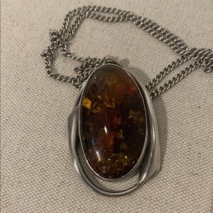 Genuine Amber and Sterling Silver Pendant with Silver Chain Necklacr